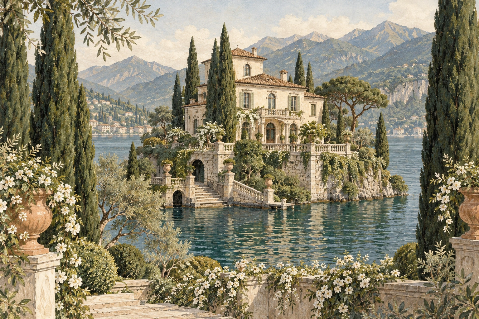 An illustrated Italian villa framed by Mediterranean greenery